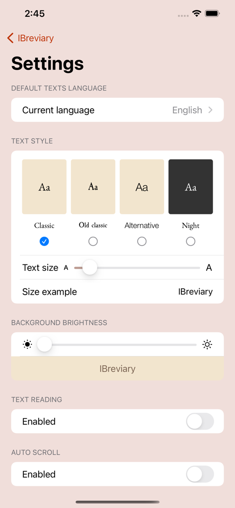 iBreviary TS Plus - Einstellungen-Bildschirm zur Anpassung von Textgröße und Schriftstil in der iBreviary App