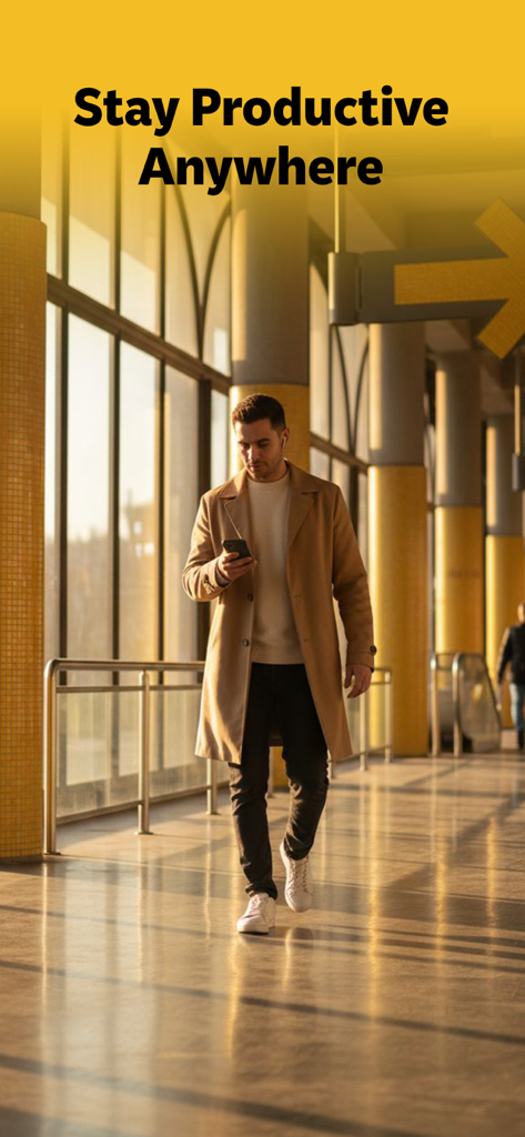 AI Text to Speech by Listenify - Un profesional caminando en una terminal de transporte mirando su teléfono y usando auriculares con texto que dice Mantente productivo en cualquier lugar