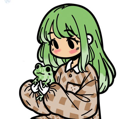 girl with long hair and a oversized shirt. and she is holding a frog