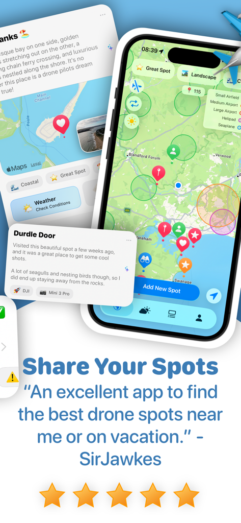 Interfaccia dell'app Drone Map con una mappa di spot di volo della community e una testimonianza utente