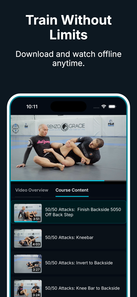Digitsu - BJJ Library - Aplicación móvil Digitsu mostrando un video de técnica de Jiu Jitsu Brasileño y una lista de lecciones del curso para visualización sin conexión