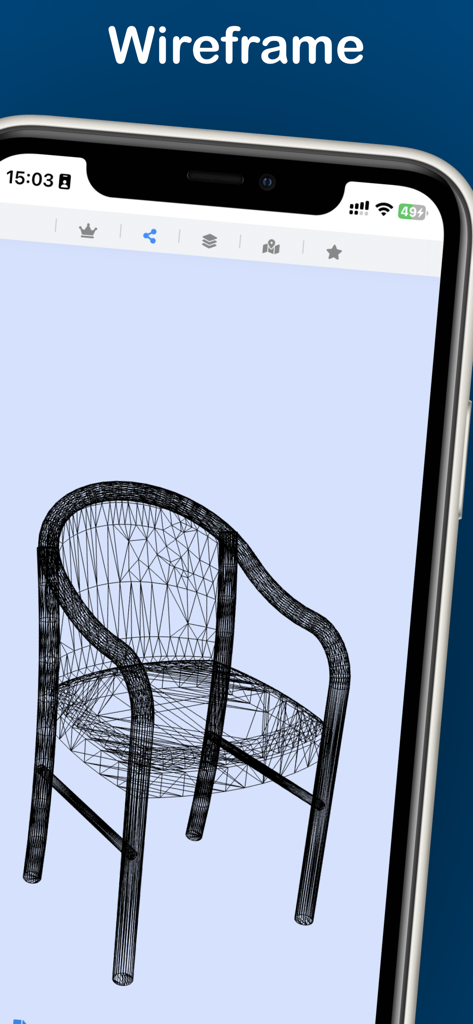 STEPファイルビューアアプリを使用したモバイルデバイス画面で、ワイヤーフレームモードで表示された3Dチェアモデル。