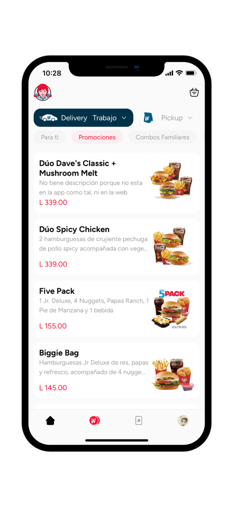 Wendy's Honduras - Wendy's Honduras app interface showing various food combo promotions and prices
