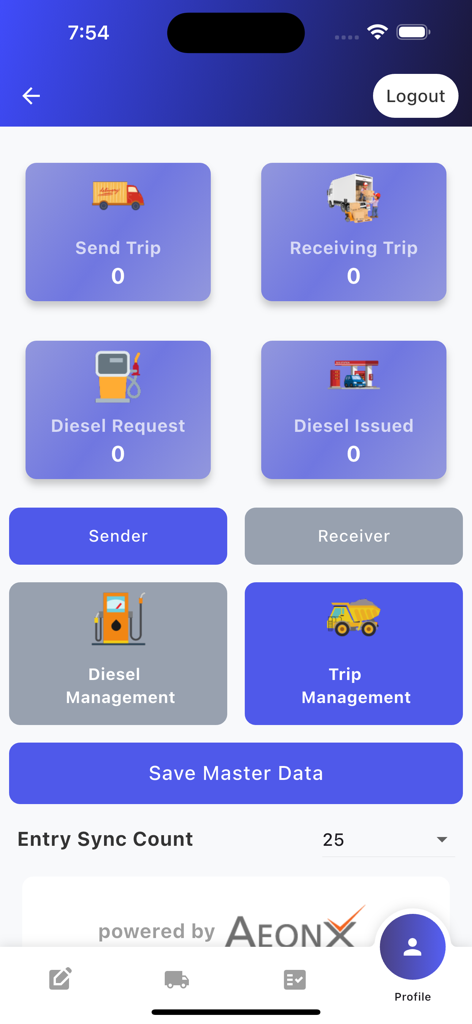 Terra Track - Panel móvil de Terra Track mostrando opciones de gestión de diésel y viajes.