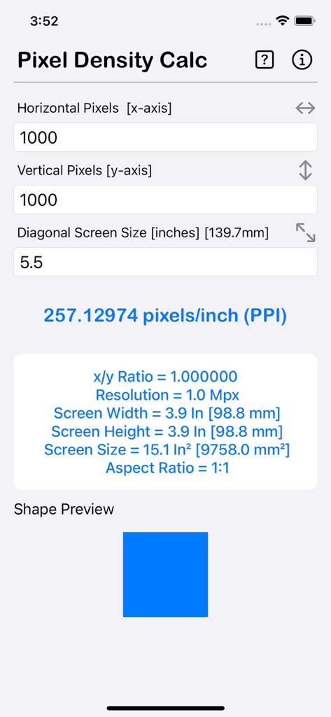 Pixel Density Calculator - ピクセル密度計算機アプリのインターフェイス。ピクセル寸法と画面サイズに基づいて257.13 PPIの計算結果を表示しています。