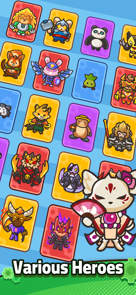 A collection of colorful animal hero cards from the game GearPaw Defenders showing diverse character designs.