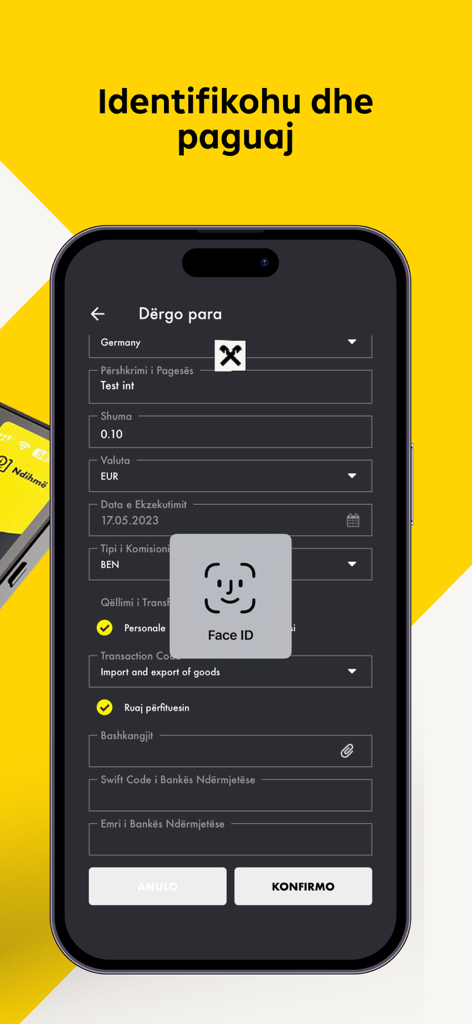 Raiffeisen Bank Kosovo Mobile - Raiffeisen Bank Kosovo mobile app interface for international fund transfers featuring Face ID security