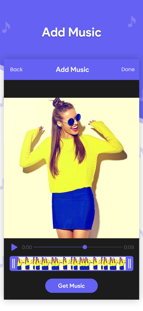 Video Editor Add Musicアプリのインターフェース。動画タイムラインと音楽追加機能が表示されています。