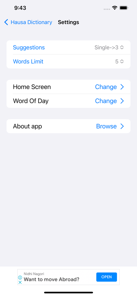 A interface de configurações para o aplicativo móvel Smart Hausa Dictionary