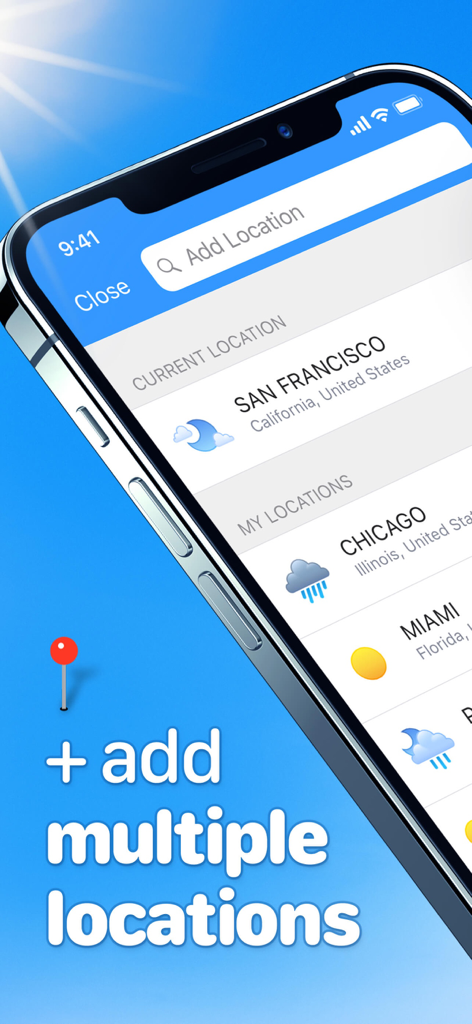 iPhone screen showing the weather app interface for searching and adding multiple cities to a saved locations list