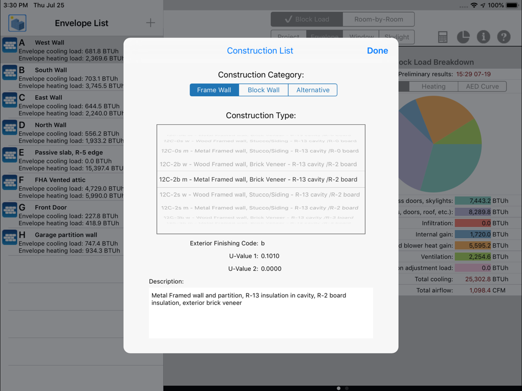 HVAC ResLoad-J - HVAC ResLoad-J app screen showing construction type selection for load calculations