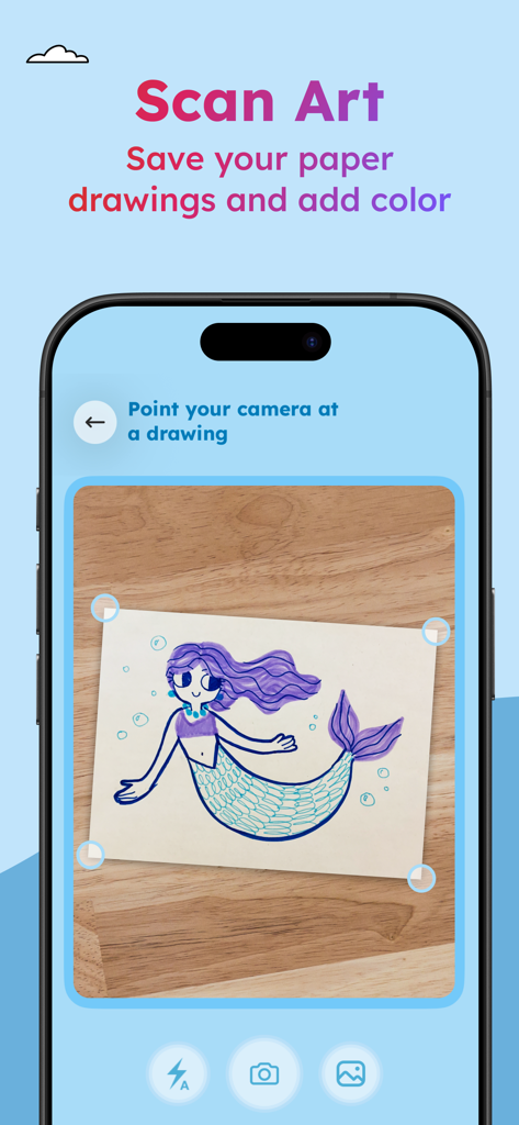 Project Aqua: Adobe for Kids - Project Aqua 앱에서 스마트폰 카메라로 스캔되는 아이의 인어 그림