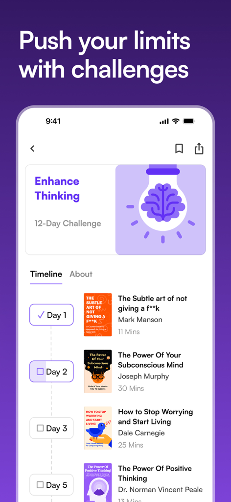 Wizdom: Book Summary & Podcast - Wizdom app showing a twelve day growth challenge with a timeline of book summaries