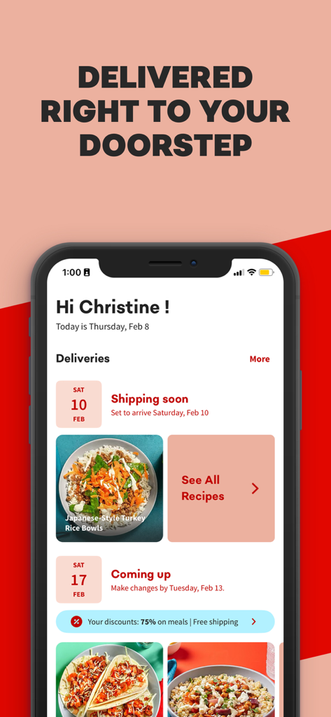 Chefs Plate: Easy Meal Planner - Chefs Plate mobile app interface showing upcoming meal kit delivery dates and recipe previews
