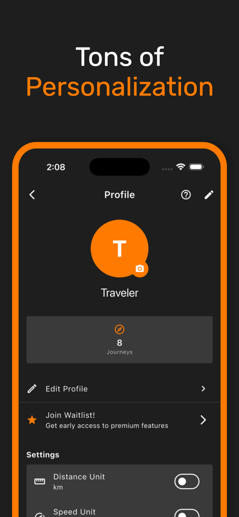 orRound - Journey Tracker - Benutzerprofil-Bildschirm in der orRound-App zeigt Reiseanzahl und Personalisierungseinstellungen für Einheiten.