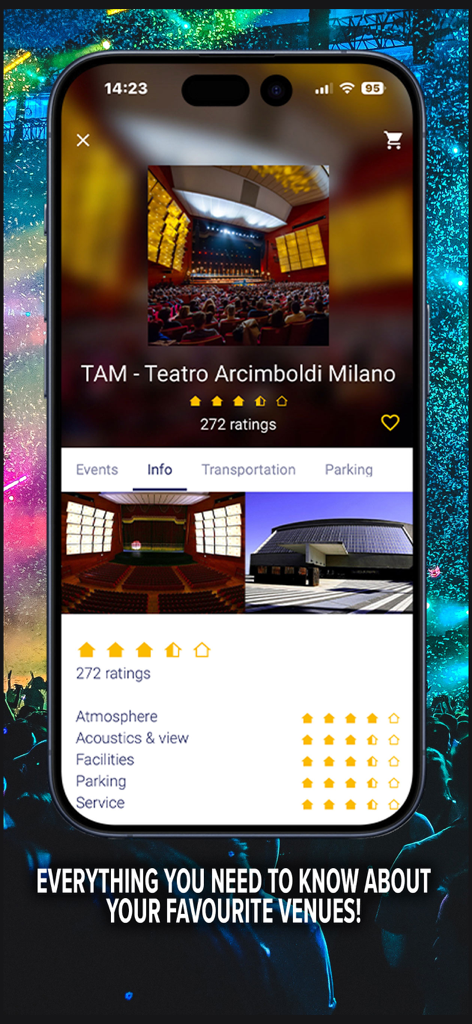 TicketOneアプリでTeatro Arcimboldi Milanoの詳細な会場情報とユーザー評価が表示されています