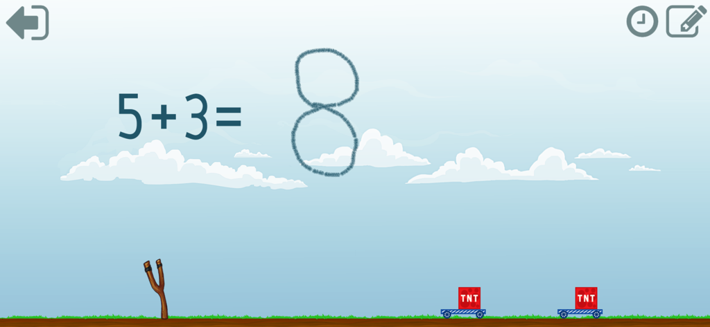 Math Shot gameplay showing a handwritten answer for an addition problem