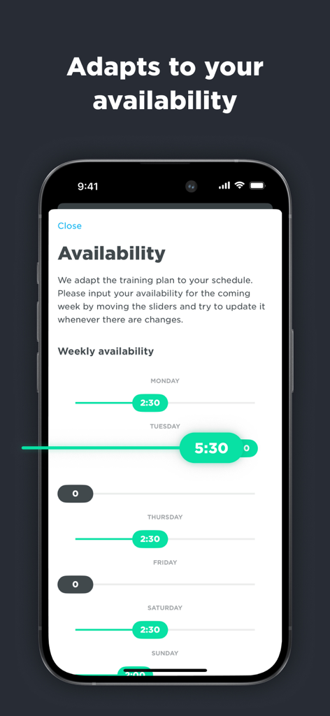 JOIN Cycling Coach App screen for setting weekly training availability with time sliders for each day of the week