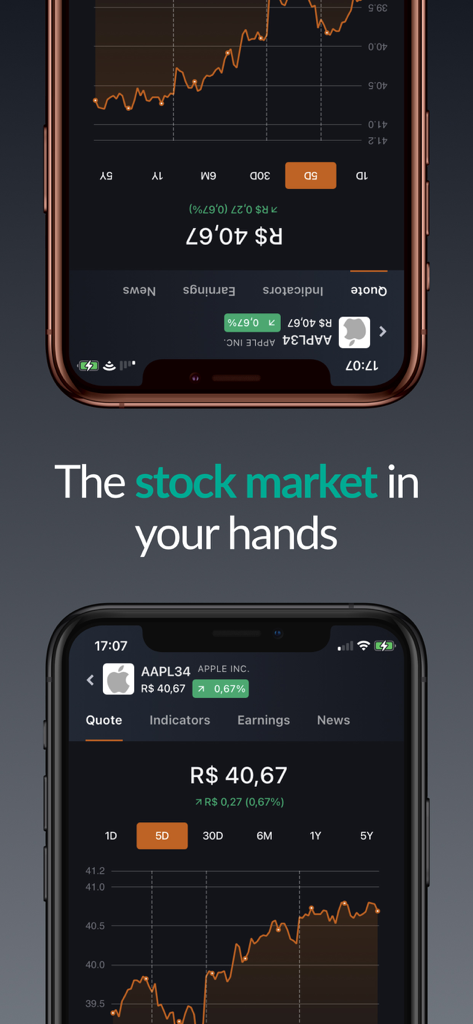 Status Invest - Telas de celular exibindo o aplicativo Status Invest com gráficos do mercado de ações e ferramentas de análise.