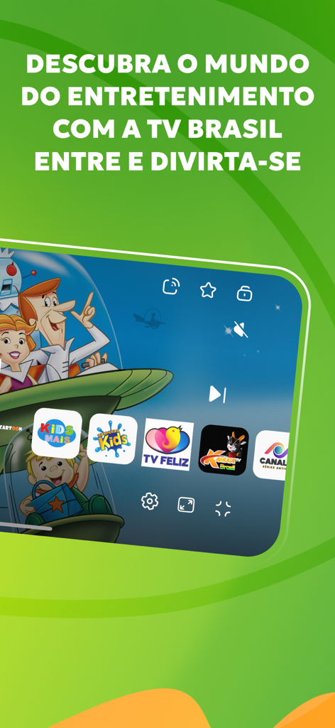 Interfaz de la aplicación TV Brasil que muestra canales infantiles y una pantalla de transmisión de dibujos animados con texto en portugués.