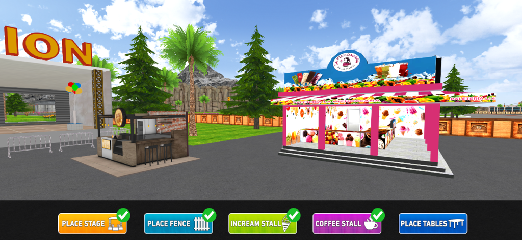 Depot Truck Simulator Games 3D - Diseño de un centro comercial con puestos de comida y café en Depot Truck Simulator Games 3D