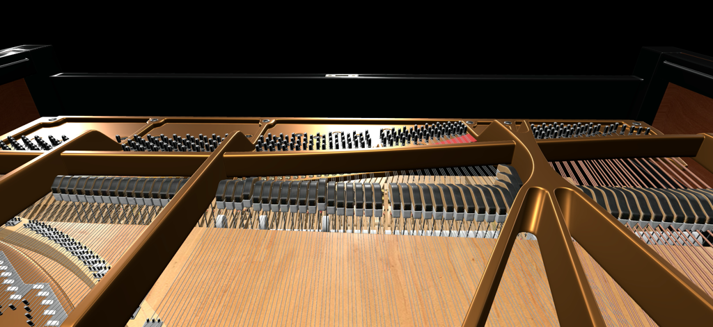PianoVisualizer - A detailed 3D visualization showing the internal hammers and strings of a grand piano in the PianoVisualizer app.
