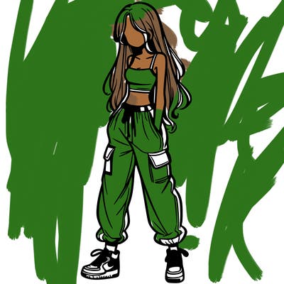 girl in baggy pants crop top and long hair