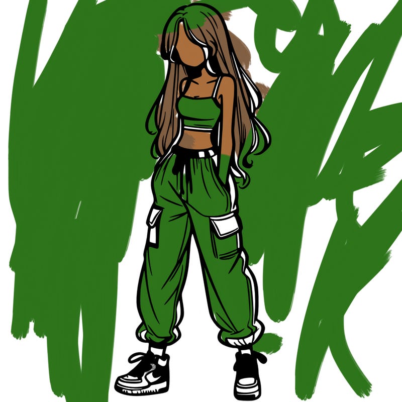 girl in baggy pants crop top and long hair