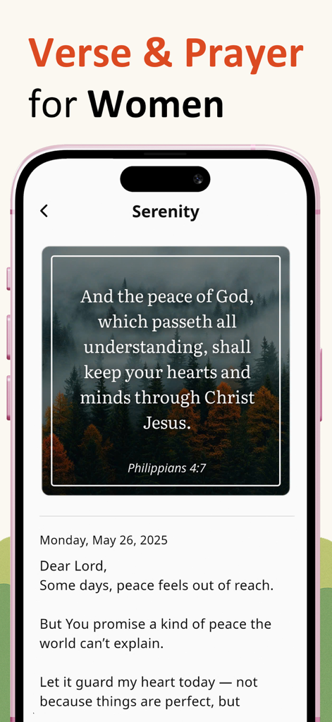 Daily Devotional For Women 365 - Uma tela de aplicativo móvel mostrando um versículo bíblico diário de Filipenses 4:7 com uma oração guiada para a serenidade das mulheres.