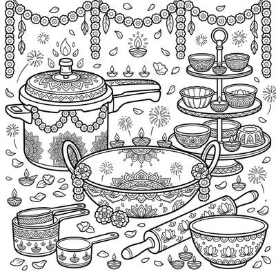 Get ready to celebrate the Festival of Lights with our charming Diwali Cookware & Bakeware coloring page. This unique design features everyday kitchen essentials beautifully adorned with traditional diyas, intricate rangoli, and festive flowers, perfect for bringing joy to your coloring session.