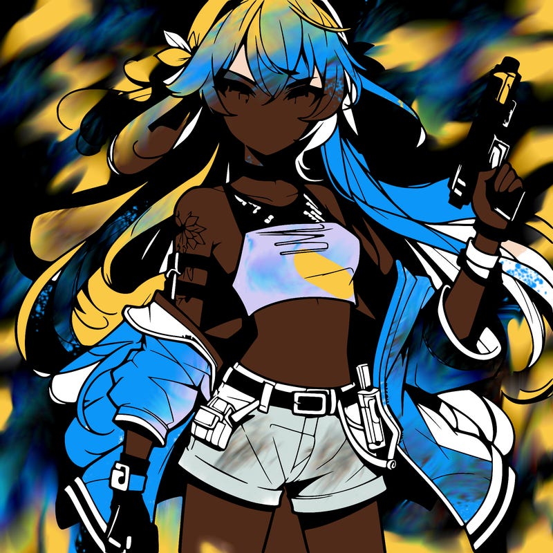 bad girl wearing crop top holding a gun long hair anime