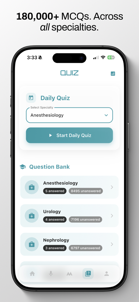 medr app quiz screen showing a daily quiz and question bank for medical specialties like anesthesiology and urology