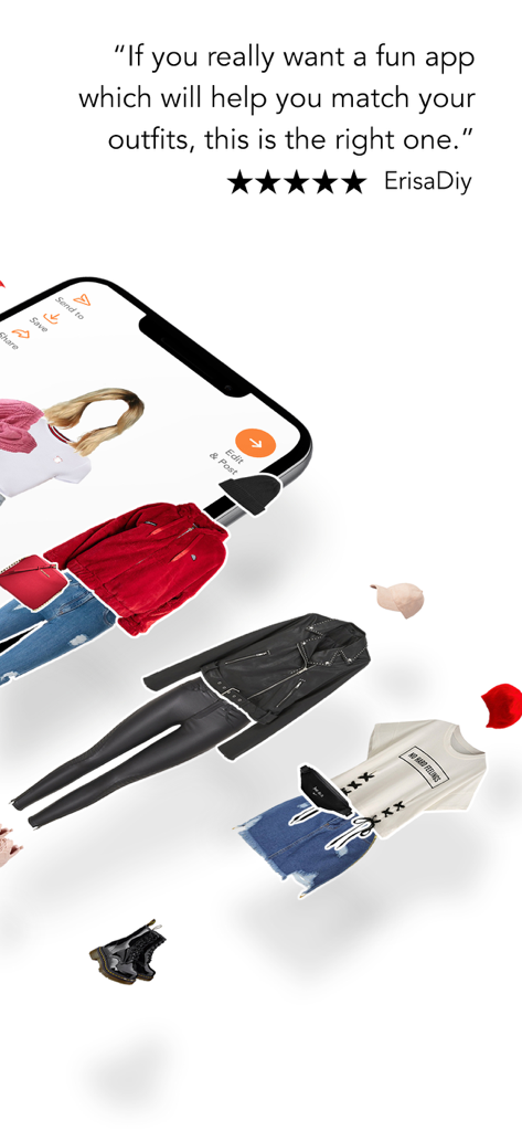 Um depoimento de usuário para o aplicativo Combyne com itens de moda flutuantes como uma jaqueta de couro e botas.