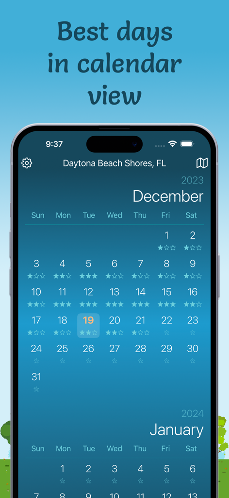Fishing & Hunting Solunar Time - Monthly calendar view within the Fishing and Hunting Solunar Time app showing daily star ratings for activity levels.