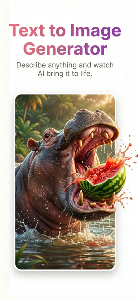 AI Photo Generator. - Screenshot der KI-Fotogenerator-App, die die Text-zu-Bild-Funktion mit einem realistischen, von KI generierten Nilpferd zeigt, das eine Wassermelone frisst