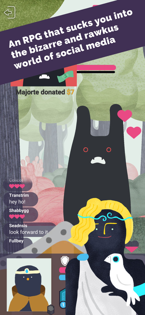 Subscribe to My Adventure - Gameplay screenshot of Subscribe to My Adventure showing a livestream interface with chat messages and a donation notification in a whimsical art style.
