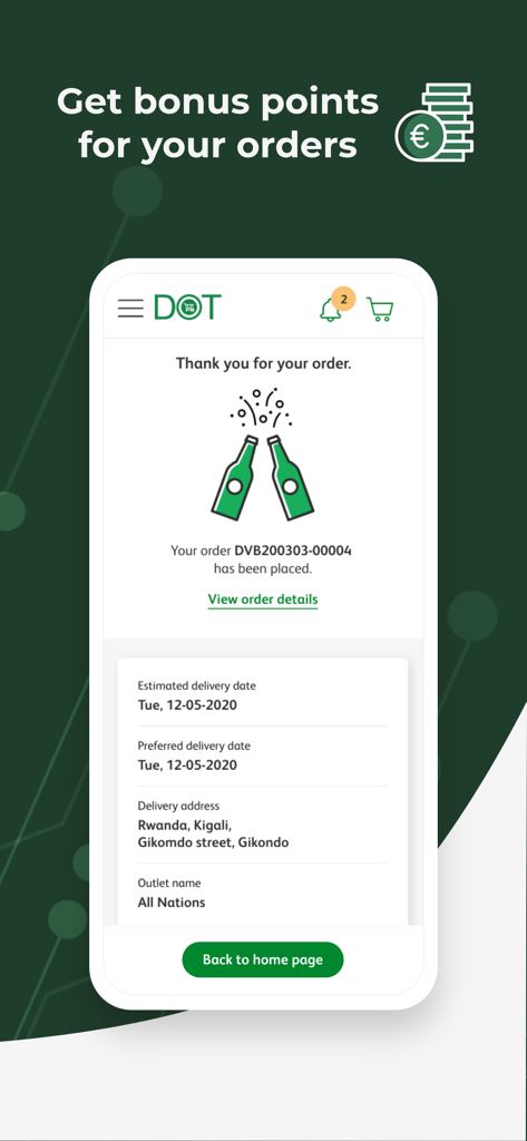 Pantalla de confirmación de pedido de la aplicación Heineken DOT B2B mostrando detalles de entrega y mensaje de puntos de bonificación de fidelidad