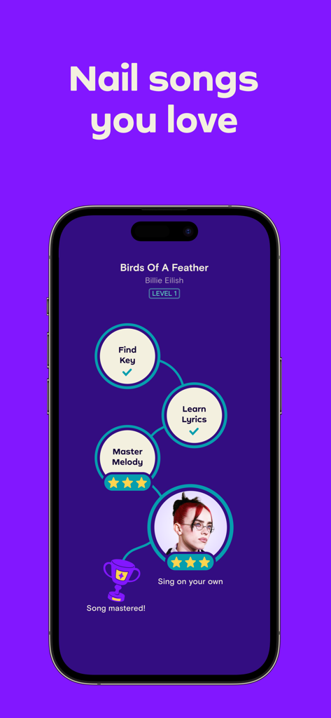 Simply Sing: My Singing App - Simply Sing app interface showing a gamified learning path to master a popular song