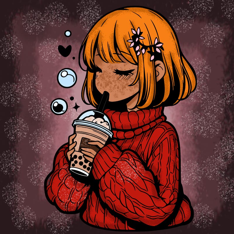 manga girl drinking boba in cozy sweater