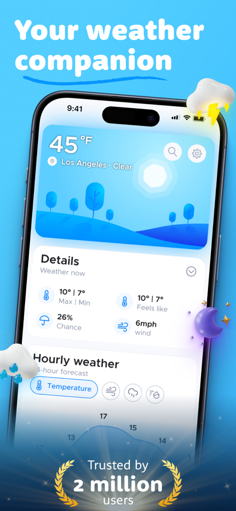 Overdrop - Weather & Widgets - Smartphone screen showing Overdrop weather app interface with clear sky forecast and hourly weather details