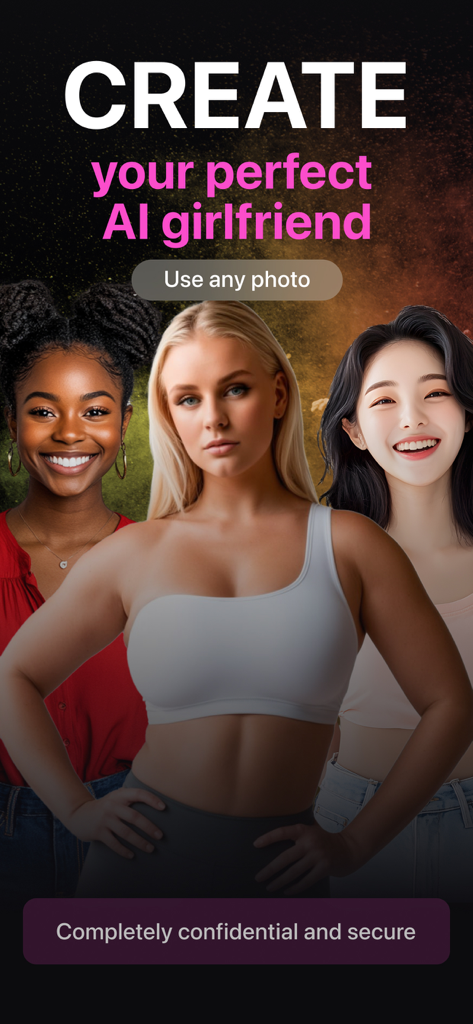 Ai Girl: Chat with Girlfriend - Ai Girl 앱 스크린샷으로, 완벽한 AI 여자친구를 만들기 위한 텍스트와 함께 세 가지 다양한 AI 캐릭터가 표시되어 있습니다.