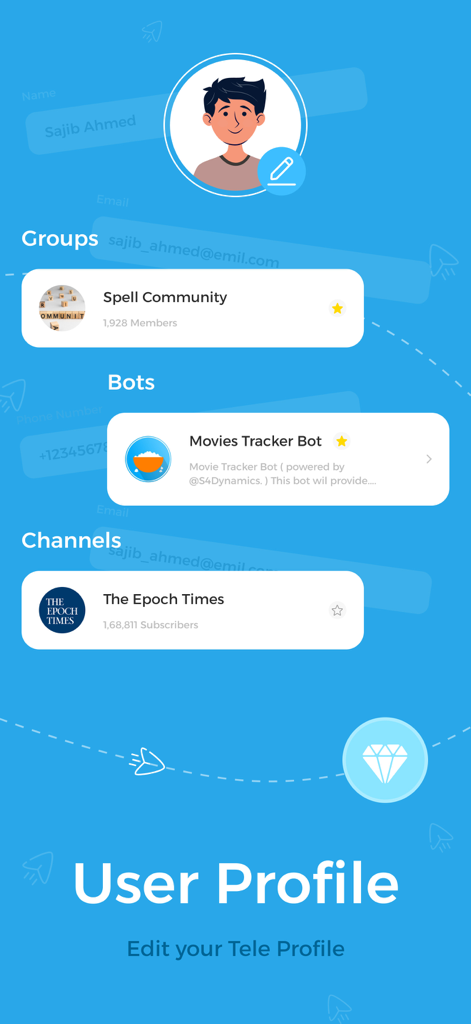 Interface du tableau de bord du profil utilisateur pour la gestion des groupes, bots et chaînes Telegram