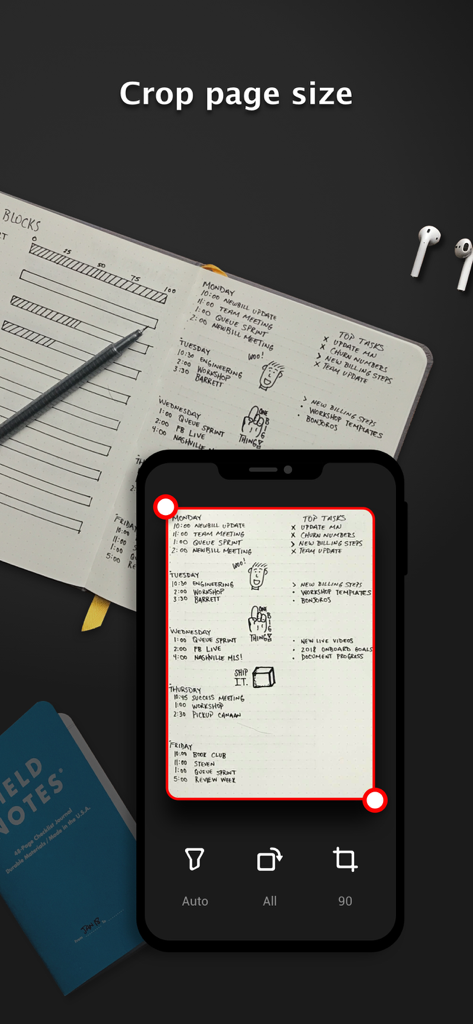 PDF Scanner Pro for Document - Mobile app interface for PDF Scanner Pro showing the manual cropping feature on a scanned notebook page