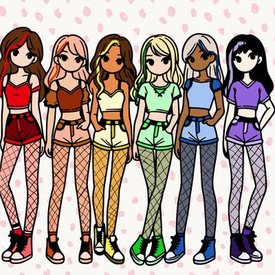 a group of girls wearing crop tops and shorts