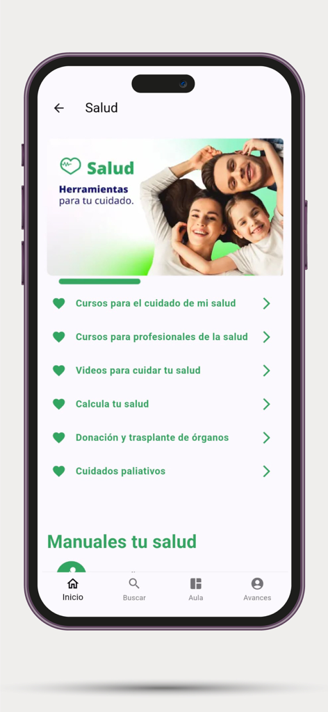 Aprende - Aprende app interface displaying the health category with various online courses and wellness tools.