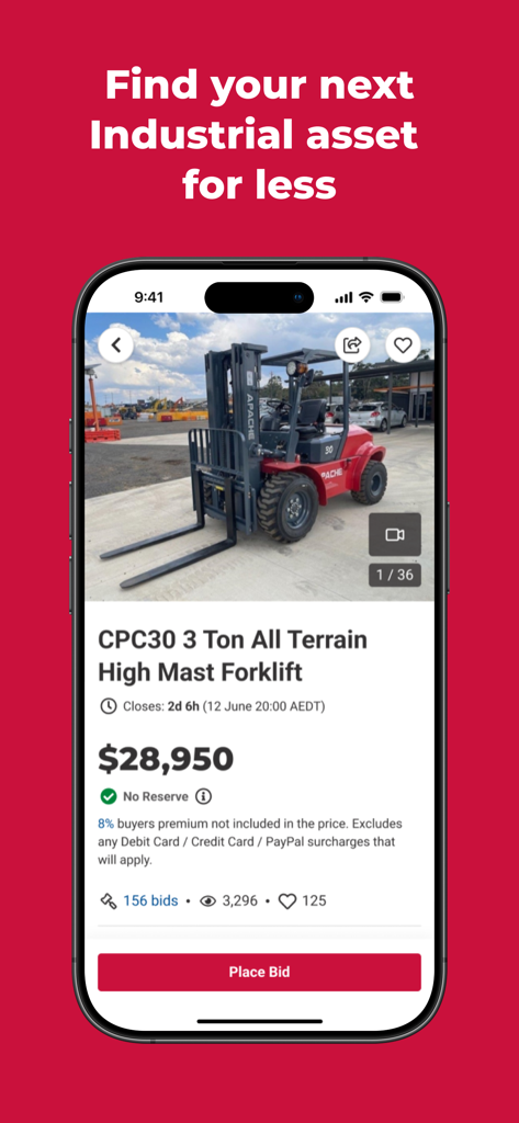 A mobile app screen showing an industrial forklift auction listing on the Grays marketplace with a place bid button