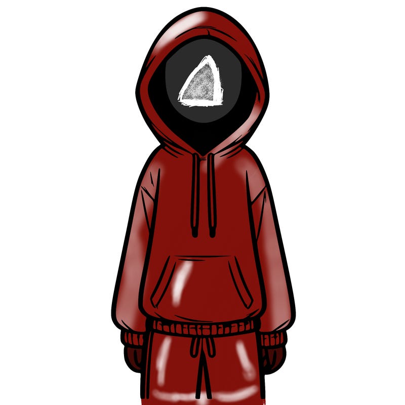 faceless girl in a tracksuit with a hood on and no hair