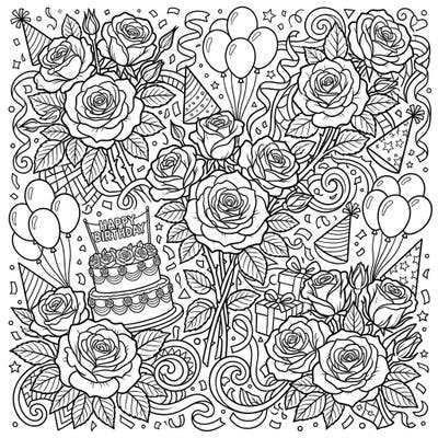 Get ready to celebrate with this dynamic coloring page featuring elegant roses intertwined with festive birthday party elements. Designed with teens in mind, its intricate details offer a perfect creative challenge for a fun artistic escape.