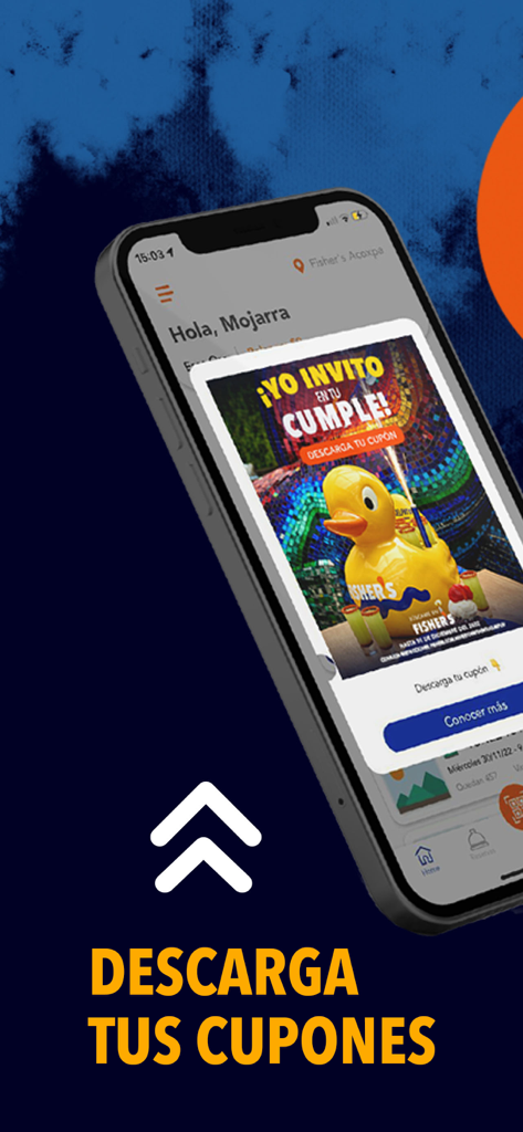 Fisher´s - Fishers mobile app interface showing a birthday promotion and coupon download offer
