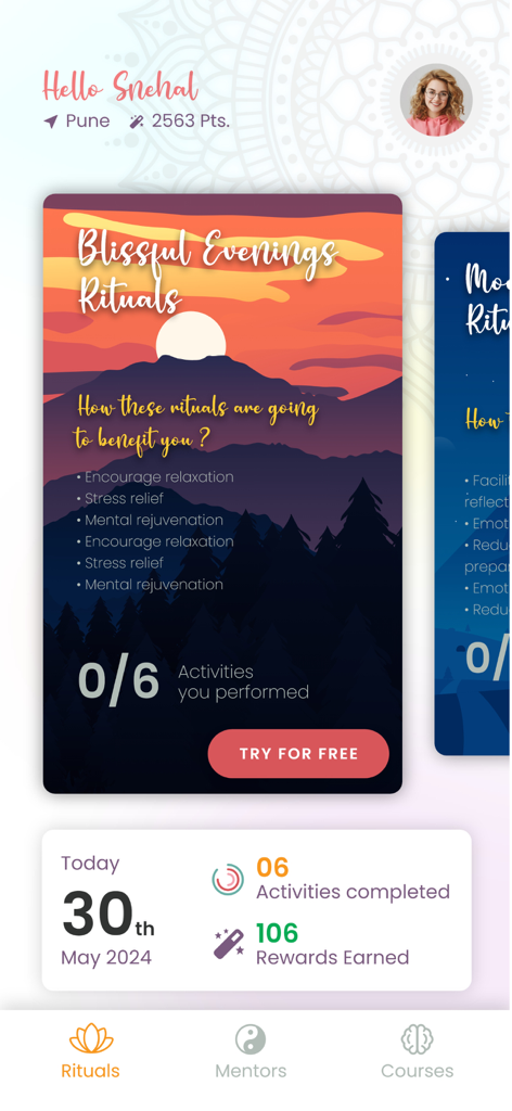 Good Vibes Within - Good Vibes Within app interface displaying Blissful Evenings Rituals for relaxation and stress relief with a progress tracker and rewards summary.